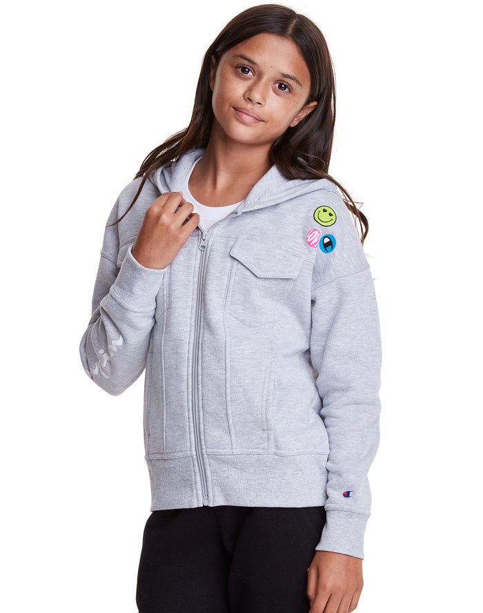 Champion Pige Hættetrøje Grå - Fleece Full Zip Smiley Face - Danmark IFY-387509